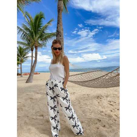 pantalon fluide loin palmiers blanc noir mode ootd look printemps été 2024 plage