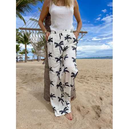 pantalon fluide loin palmiers blanc noir mode ootd look printemps été 2024 plage