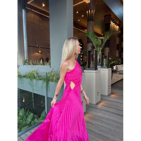 robe longue rose fuchsia plissée asymétrique grecy mango une bretelle manche cérémonie soirée gala chic tenue look