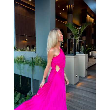 robe longue rose fuchsia plissée asymétrique grecy mango une bretelle manche cérémonie soirée gala chic tenue look