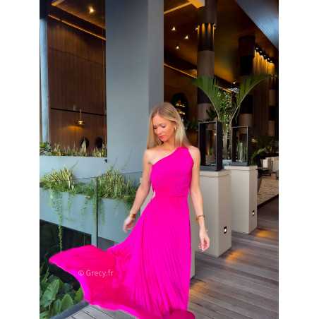 robe longue rose fuchsia plissée asymétrique grecy mango une bretelle manche cérémonie soirée gala chic tenue look