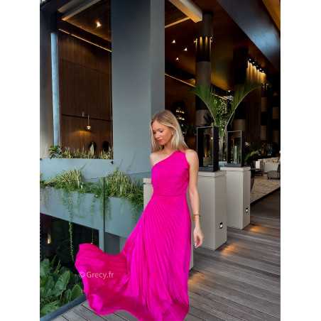 robe longue rose fuchsia plissée asymétrique grecy mango une bretelle manche cérémonie soirée gala chic tenue look