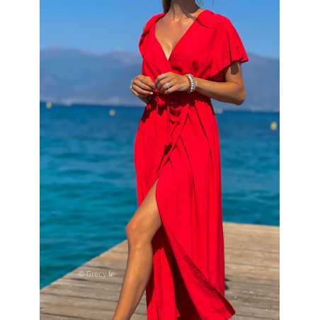 Robe longue rouge fendue été 2024 grecy manches courtes chic fluide ceinture