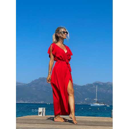 Robe longue rouge fendue été 2024 grecy manches courtes chic fluide ceinture