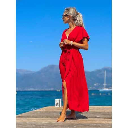 Robe longue rouge fendue été 2024 grecy manches courtes chic fluide ceinture