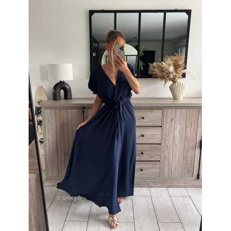 Robe longue bleu marine manches courtes fendue dans le bas Couleur bleu marine Taille Taille unique convient du 34 au 42