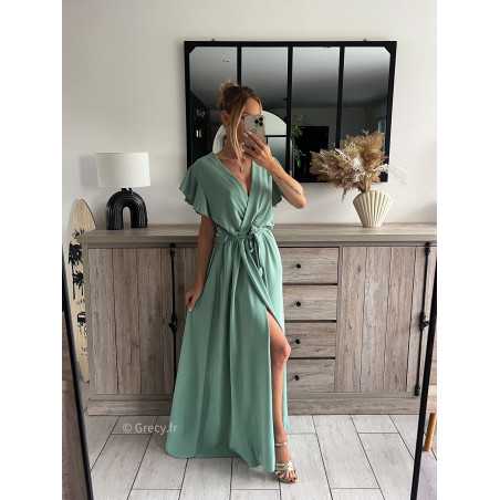 robe longue vert clair pastel d'eau turquoise cérémonie chic soirée grecy mode tendance look printemps été 2024