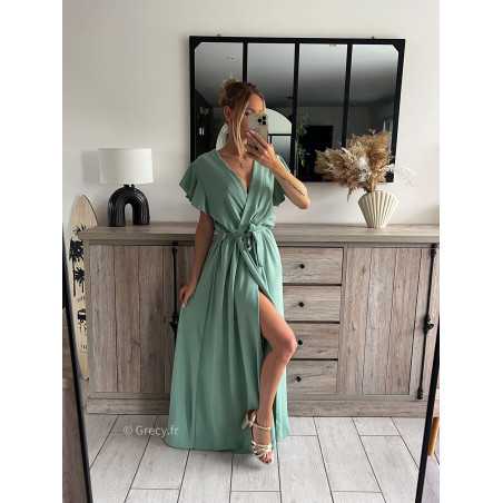 robe longue vert clair pastel d'eau turquoise cérémonie chic soirée grecy mode tendance look printemps été 2024