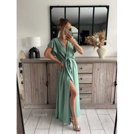 robe longue vert clair pastel d'eau turquoise cérémonie chic soirée grecy mode tendance look printemps été 2024