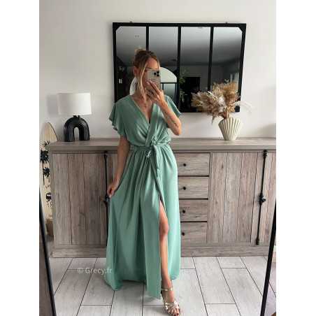 robe longue vert clair pastel d'eau turquoise cérémonie chic soirée grecy mode tendance look printemps été 2024