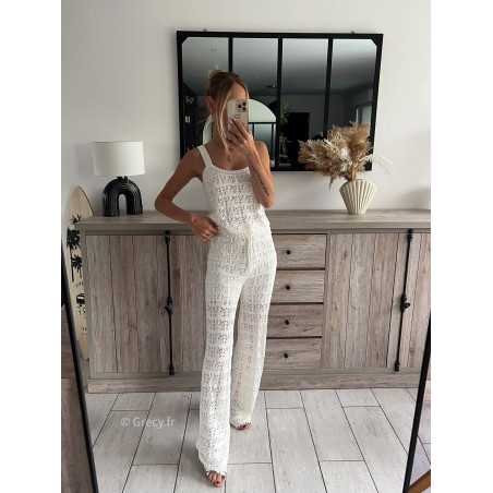 ensemble maille blanc crochet pantalon débardeur top grecy mode ootd outfit look printemps été 2024