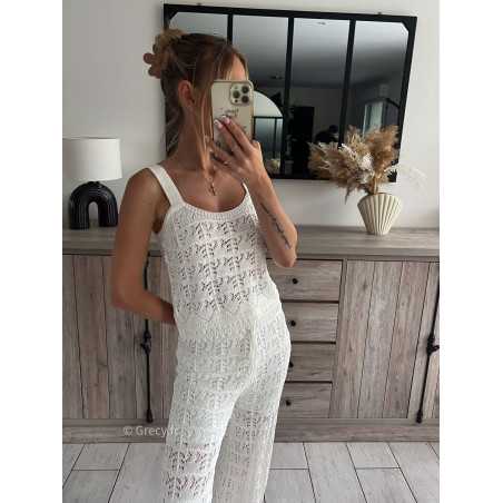 ensemble maille blanc crochet pantalon débardeur top grecy mode ootd outfit look printemps été 2024