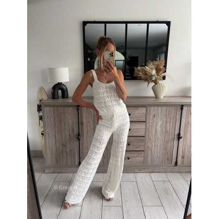 ensemble maille blanc crochet pantalon débardeur top grecy mode ootd outfit look printemps été 2024