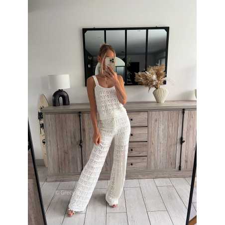 ensemble maille blanc crochet pantalon débardeur top grecy mode ootd outfit look printemps été 2024