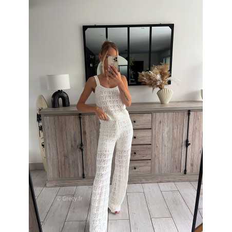 ensemble maille blanc crochet pantalon débardeur top grecy mode ootd outfit look printemps été 2024