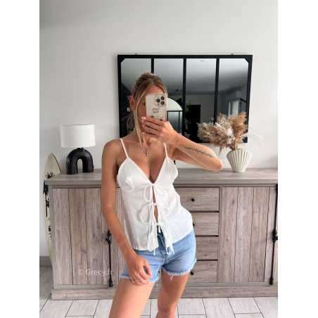 débardeur bretelles blanc noué noeuds devant zara grecy mode ootd outfit look printemps été 2024