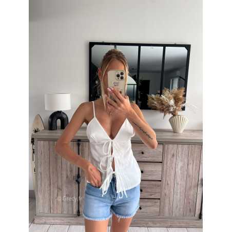 débardeur bretelles blanc noué noeuds devant zara grecy mode ootd outfit look printemps été 2024