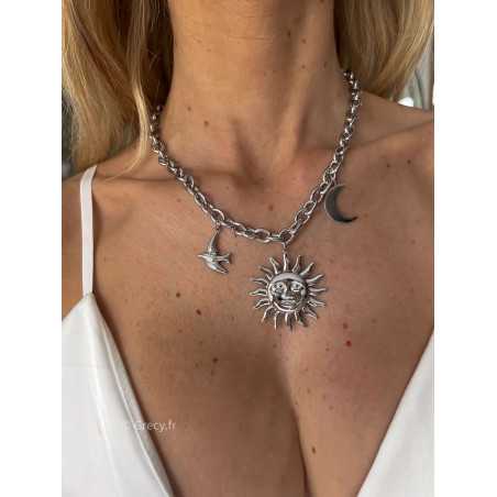 collier soleil lune oiseau charms doré or ou argenté parure acier inoxydable tendance accessoires