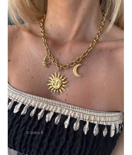 collier soleil lune oiseau charms doré or ou argenté parure acier inoxydable tendance accessoires