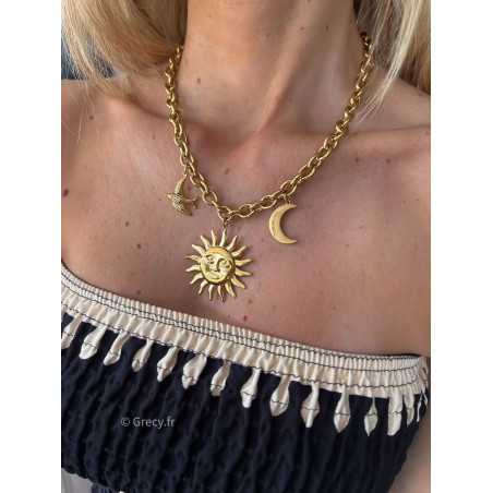 collier soleil lune oiseau charms doré or ou argenté parure acier inoxydable tendance accessoires