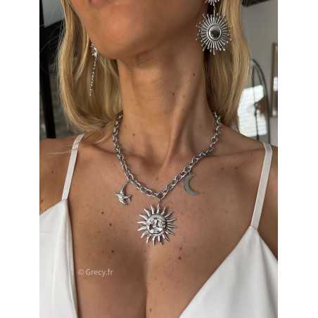 collier soleil lune oiseau charms doré or ou argenté parure acier inoxydable tendance accessoires