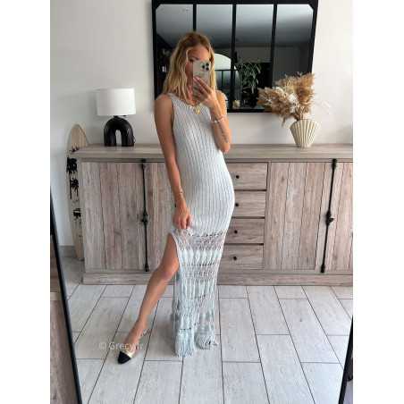 robe maille crochet blanche argentée pailleté paillettes plage grecy mode ootd outfit look printemps été 2024