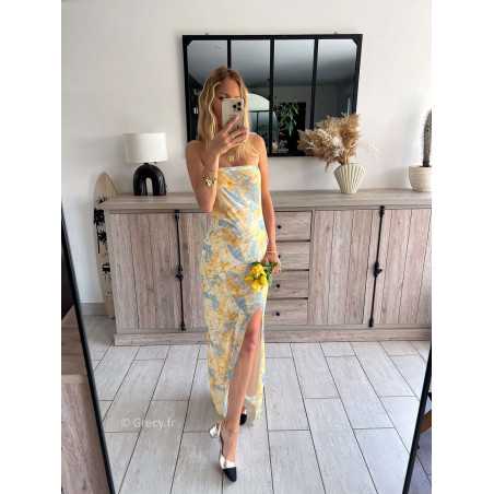 robe longue jaune fleurie bustier fendue pastel plage zara grecy mode ootd outfit look printemps été 2024