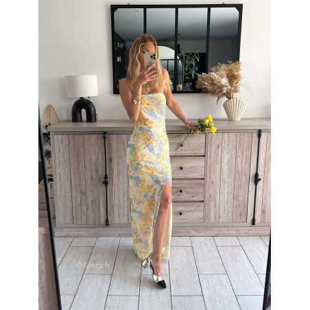 robe longue jaune fleurie bustier fendue pastel plage zara grecy mode ootd outfit look printemps été 2024