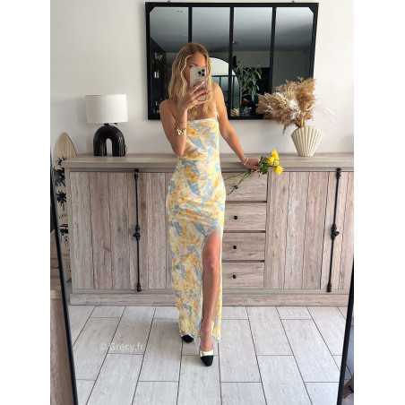 robe longue jaune fleurie bustier fendue pastel plage zara grecy mode ootd outfit look printemps été 2024