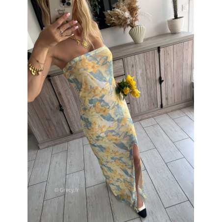 robe longue jaune fleurie bustier fendue pastel plage zara grecy mode ootd outfit look printemps été 2024