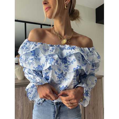 top fleuri bridgeron bleu col bardot volants printemps été 2024 mode tendance look grecy