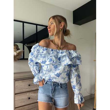 top fleuri bridgeron bleu col bardot volants printemps été 2024 mode tendance look grecy