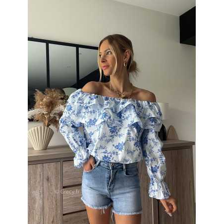 top fleuri bridgeron bleu col bardot volants printemps été 2024 mode tendance look grecy