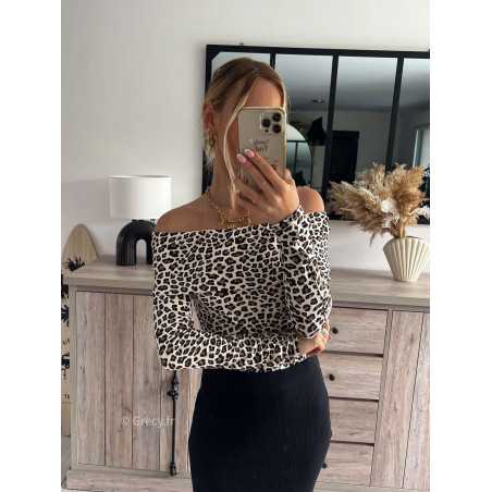 top pull leopard col bardot épaules dénudées printemps été 2024 mode tendance look grecy