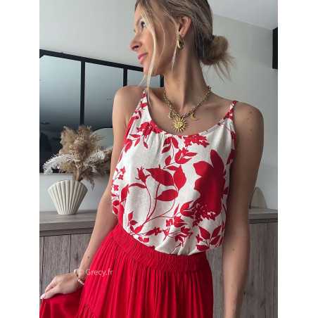 top débardeur fleuri blanc et rouge printemps été 2024 mode tendance look grecy