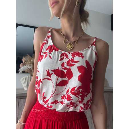 top débardeur fleuri blanc et rouge printemps été 2024 mode tendance look grecy