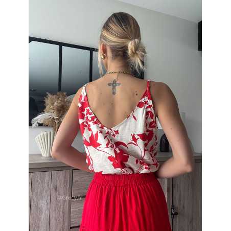 top débardeur fleuri blanc et rouge printemps été 2024 mode tendance look grecy