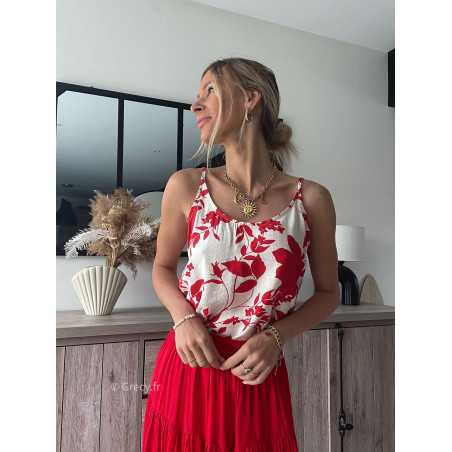 top débardeur fleuri blanc et rouge printemps été 2024 mode tendance look grecy