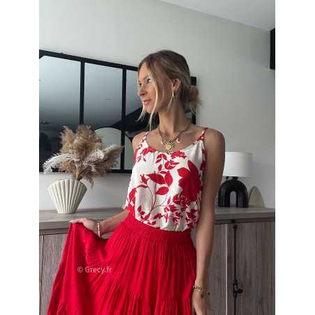 top débardeur fleuri blanc et rouge printemps été 2024 mode tendance look grecy