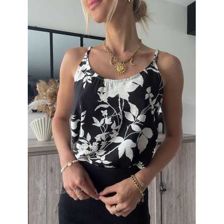 top débardeur fleuri blanc et noir printemps été 2024 mode tendance look grecy