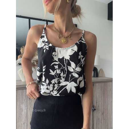 top débardeur fleuri blanc et noir printemps été 2024 mode tendance look grecy