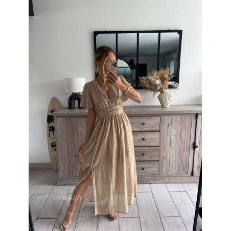 robe longue dorée or manches courtes cérémonie mariage soirée printemps été 2024 mode tendance look grecy