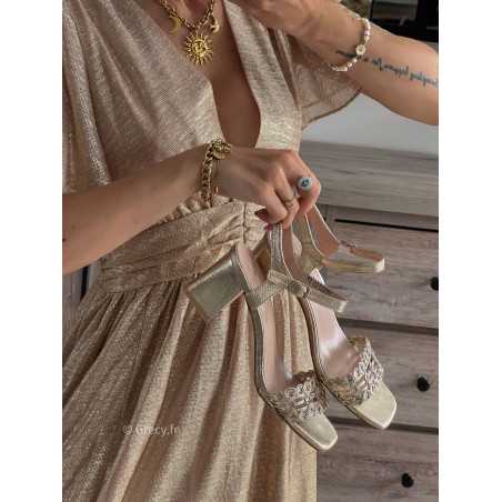 sandales dorées tressées or talons confortables cérémonie mariage soirée printemps été 2024 mode tendance look grecy