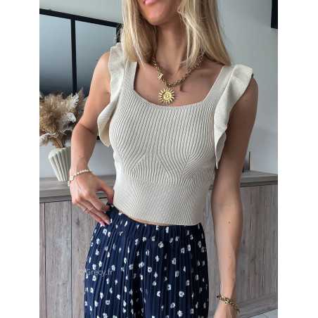 Top maille volants beige bretelles printemps été 2024 mode tendance grecy look