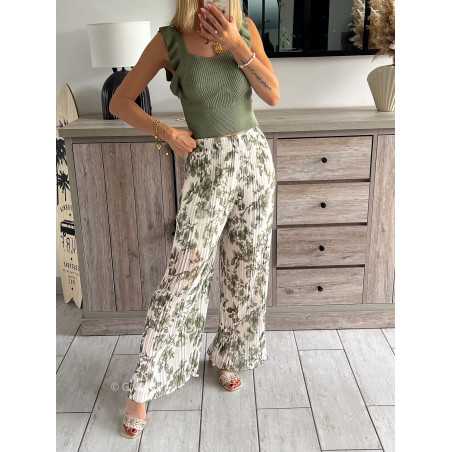 pantalon plissé élastique kaki vert fleuri fleurs printemps été 2024 mode tendance grecy look