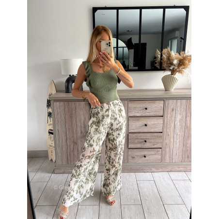 pantalon plissé élastique kaki vert fleuri fleurs printemps été 2024 mode tendance grecy look