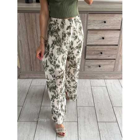 pantalon plissé élastique kaki vert fleuri fleurs printemps été 2024 mode tendance grecy look