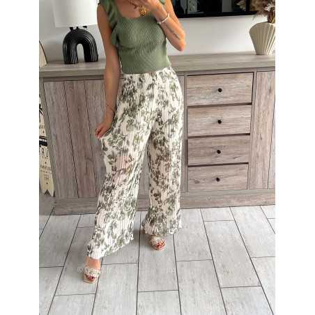 pantalon plissé élastique kaki vert fleuri fleurs printemps été 2024 mode tendance grecy look