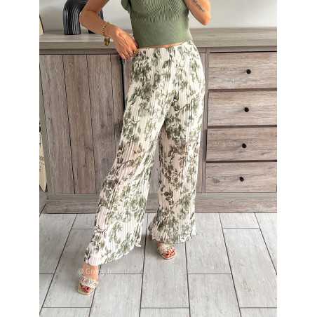 pantalon plissé élastique kaki vert fleuri fleurs printemps été 2024 mode tendance grecy look