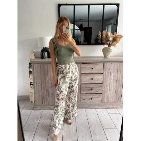 pantalon plissé élastique kaki vert fleuri fleurs printemps été 2024 mode tendance grecy look